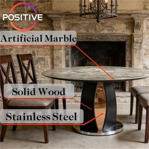 Mesa de Comedor con Tapa de Mármol Artificial, Base de Madera Maciza y Acero Inoxidable, Forma Redonda para Uso en Hogares Modernos - Product Image 4