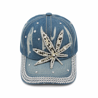 Casquette de baseball en jean délavé vintage avec applique feuille en strass, clous perlés, sangle réglable, unisexe, style streetwear, casquette de papa