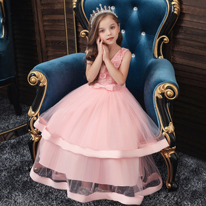 Robe de princesse pour enfants, robe de bal en tulle rose à col en v, robe de demoiselle d'honneur pour filles - Product Image 3