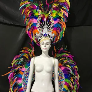 Traje de cabeça de cristal indiano para dança, traje de abertura do carnaval para fantasia da princesa, asas de pena coloridas de cristal, traje de dança, samba