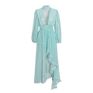 Elegante abito <span class=keywords><strong>blu</strong></span> <span class=keywords><strong>a</strong></span> <span class=keywords><strong>righe</strong></span> bianche Maxi abito da donna <span class=keywords><strong>a</strong></span> collo alto <span class=keywords><strong>a</strong></span> manica lunga con spacco <span class=keywords><strong>a</strong></span> volant trasparente estivo da festa in spiaggia - Product Image 5