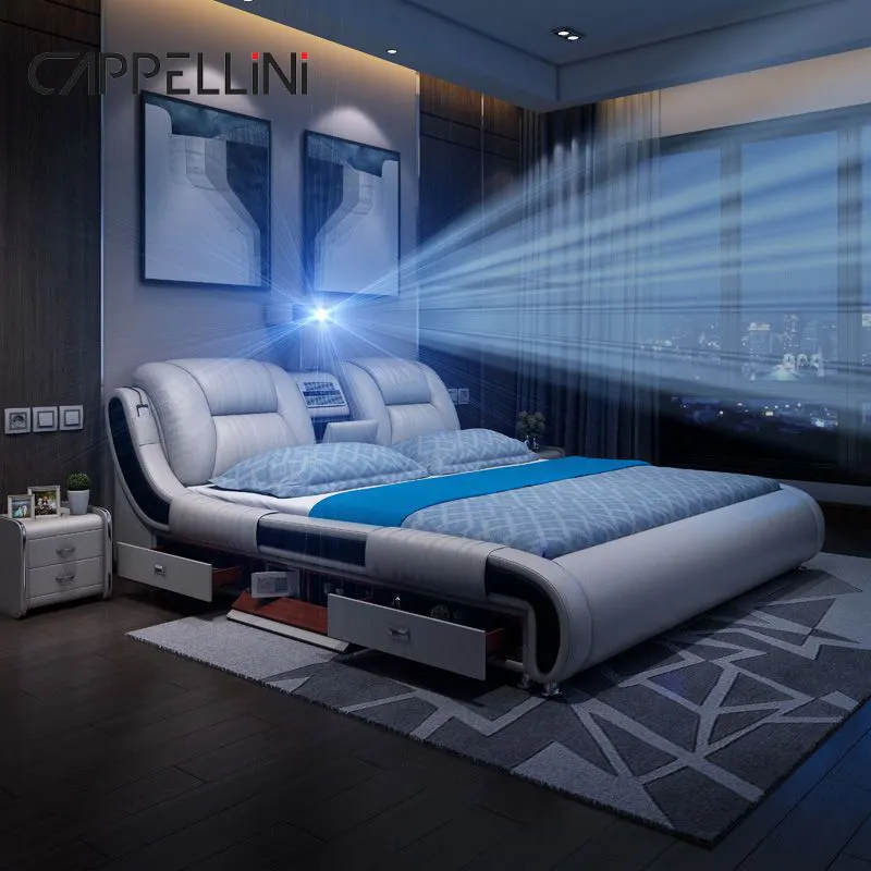 Design moderno multifunzionale massaggio doppio letti di lusso mobili da letto King Size imbottito morbido letto in pelle intelligente