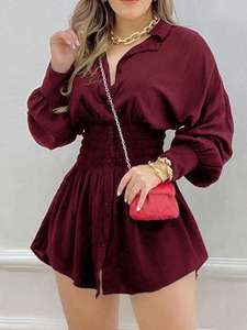 Abito <span class=keywords><strong>Estivo</strong></span> Casual Chic da Donna con Scollo a V, Elegante <span class=keywords><strong>Vestito</strong></span> <span class=keywords><strong>Corto</strong></span> a Maniche Lunghe con Vita Alta e Stampa - Product Image 1