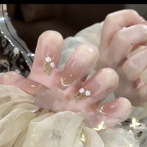 Qianya cristal tulipe oeil de chat presse sur les ongles printemps Style fait à la main faux ongles doux dégradé <span class=keywords><strong>nu</strong></span> rose Nail <span class=keywords><strong>Art</strong></span> 10 pièces en gros - Product Image 3