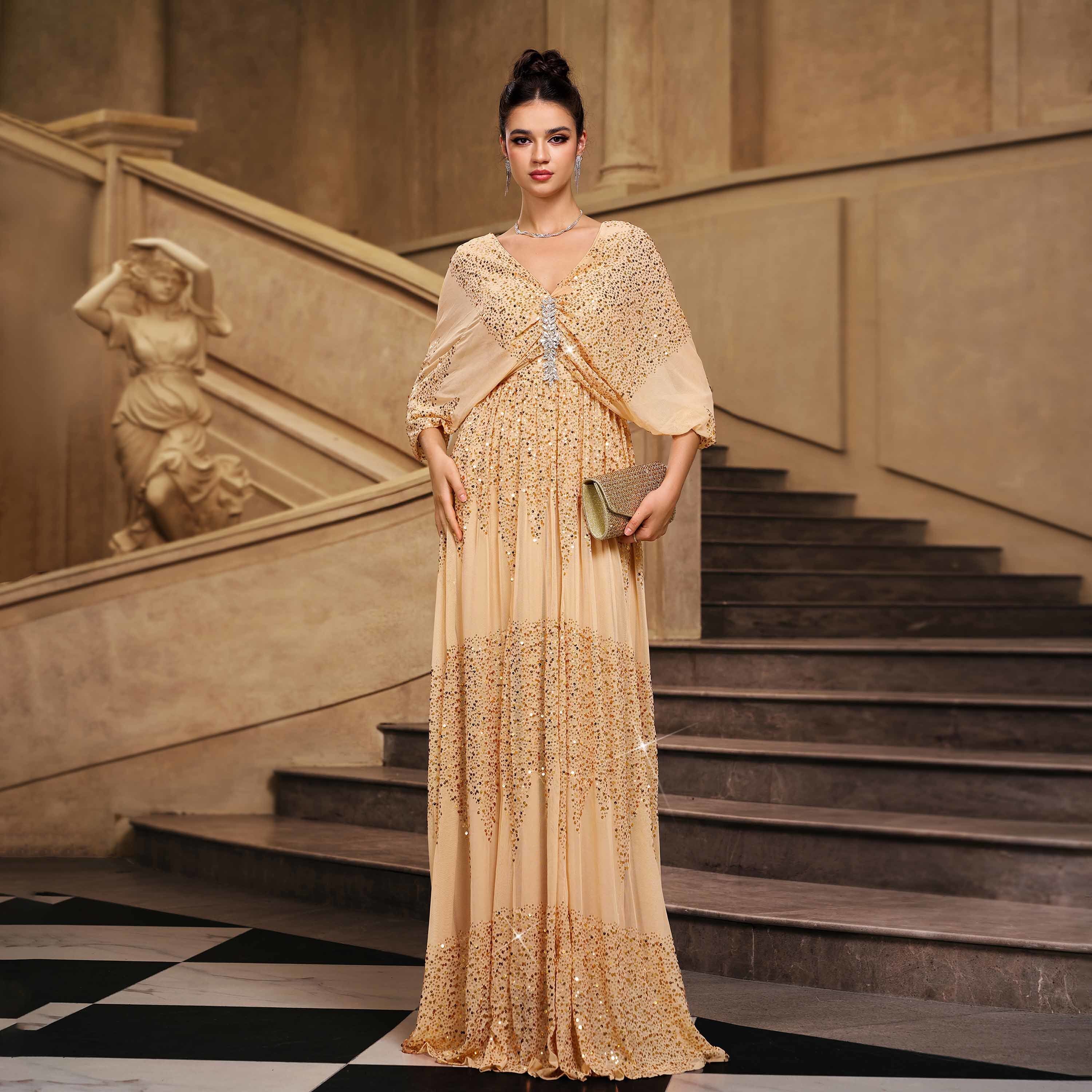 green emerald velvet dress Luxury Beaded Evening Dress with Cape Sleeve SS495