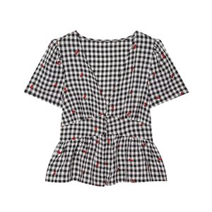 Kemeja wanita motif kotak-kotak kasual modis musim panas 2026, kemeja lengan pendek bergaya retro nan chic - Product Image 1