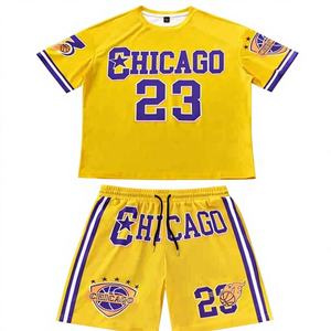 Nouvel ensemble deux pièces streetwear hip-hop été 2026 thème basketball Chicago – Survêtement athlétique en maille polyester avec t-shirt et short - Product Image 1
