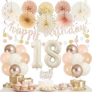 Décorations Bohèmes Beige Or Champagne pour Filles - 18ème <span class=keywords><strong>Anniversaire</strong></span> |   Ballon numéro 18, bannière, éventails en papier, pompons, <span class=keywords><strong>anniversaire</strong></span> 18 ans - Product Image 1