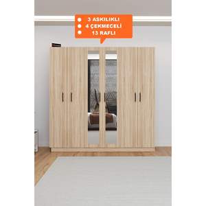 Armoire de chambre autoportante moderne à 6 portes avec miroir, finition Sonomo, 4 tiroirs et 13 étagères pour le rangement des vêtements - Product Image 4