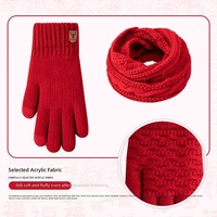 Gants d'hiver en tricot rouge uni, épais, antidérapants, ensemble 3 en 1, bonnet, écharpe, gants à doigts entiers compatibles avec les écrans tactiles, pour cadeau de Noël