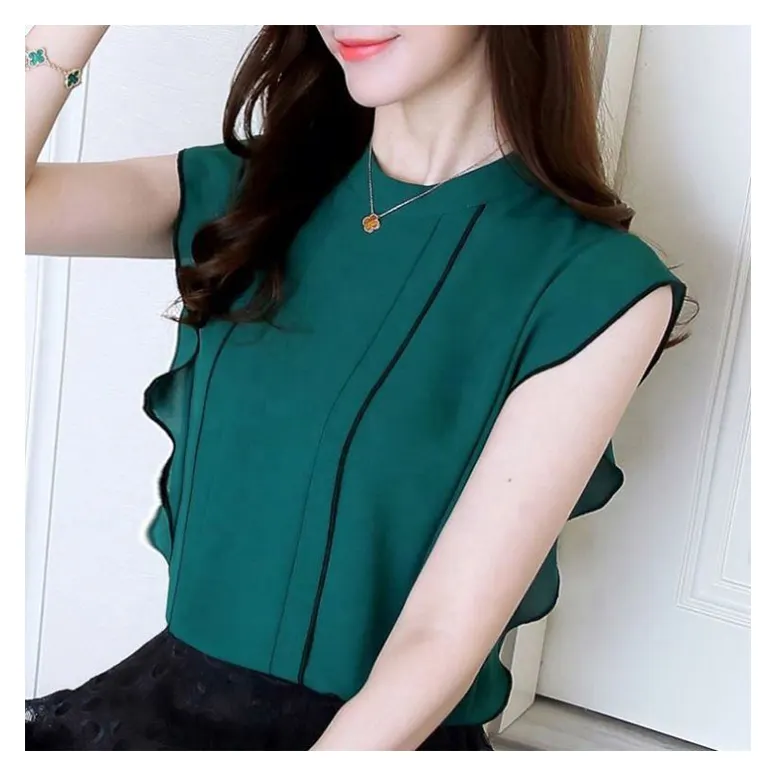 2022 Summer Stand Collar Sleeve Chiffon Shirt Women's New Women Ruffle Fashion Pullover Blouse