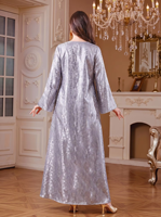 Abaya Jacquard pour Femme, Col Montant Décontracté, Broderie Florale à Paillettes et Perles, Grande Taille, Manches Longues, Robe Longue Modeste de Dubaï