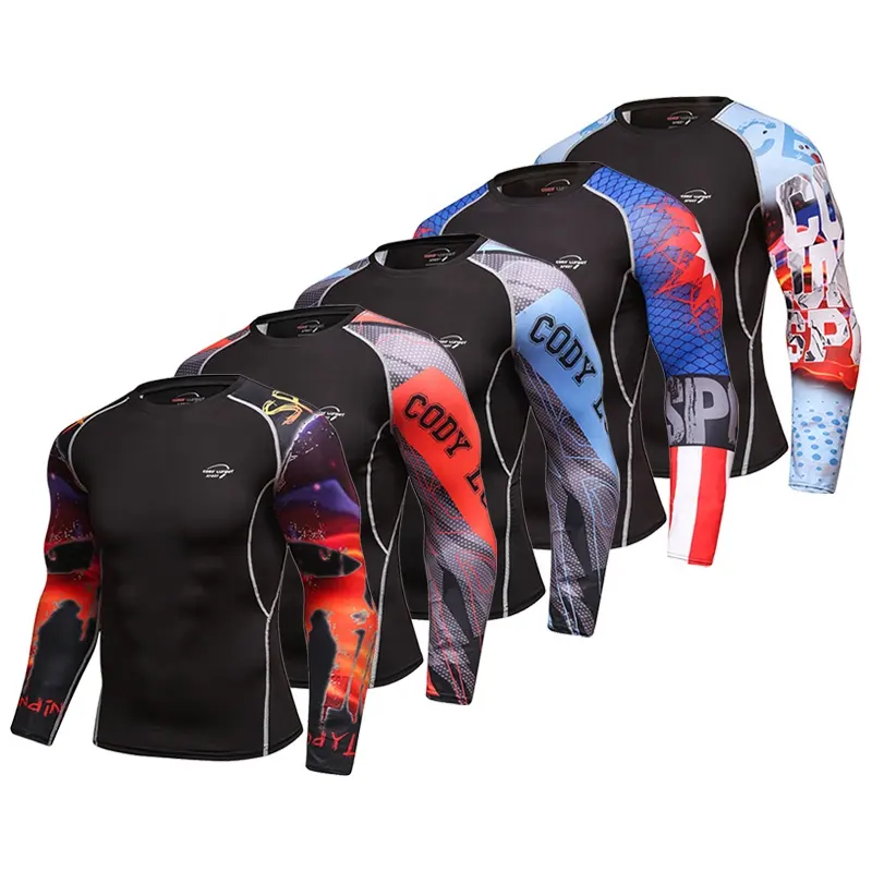 Commercio all'ingrosso personalizzato jiu jitsu stampa sublimazione manica del tatuaggio mma rash guard bjj surf bodybuilder camicia per gli uomini