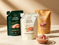 Pochette personnalisée en plastique laminé refermable à fermeture éclair, découpée sur mesure, pour sachets de nourriture humide, friandises et sauces pour chats