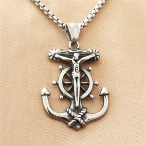 Collar de acero inoxidable para hombre con colgante de ancla, timón y crucifijo, estilo retro punk para uso diario. - Product Image 1