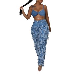 Nouveau Jean en Denim Semi-Extensible Taille Haute Skinny pour Femme avec Franges – Collection Designer - Product Image 2