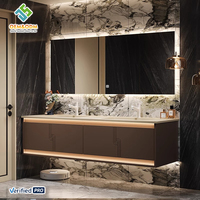 Miroir lumineux intelligent mural moderne en bois massif marron OEM Juerte avec lavabo et robinet pour salle de bain, chambre et salle à manger