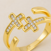 Bague ajustable ouverte à double croix en laiton plaqué or micro-pavé CZ blanc, bijoux de mode personnalisés Mylove pour femme, cadeau religieux