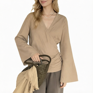 Chemisier en mousseline pour femme, col en V, manches cloche, coupe ample, couleur unie, style minimaliste, manches longues, pour le quotidien - Product Image 1