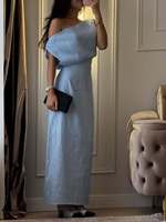 Robe longue élégante pour femme LM R890 vert clair, épaules dénudées, col drapé pliable, taille haute, fente latérale, idéale pour le quotidien et les soirées