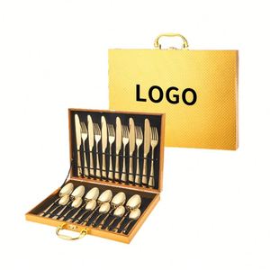 Ensemble de 24 couteaux et fourchettes à steak modernes en acier inoxydable avec placage or, ensemble de couverts - Product Image 2