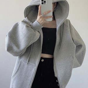 Sudadera con capucha para mujer, chaqueta informal holgada de manga larga con capucha, abrigo con capucha extragrande de color gris liso - Product Image 3