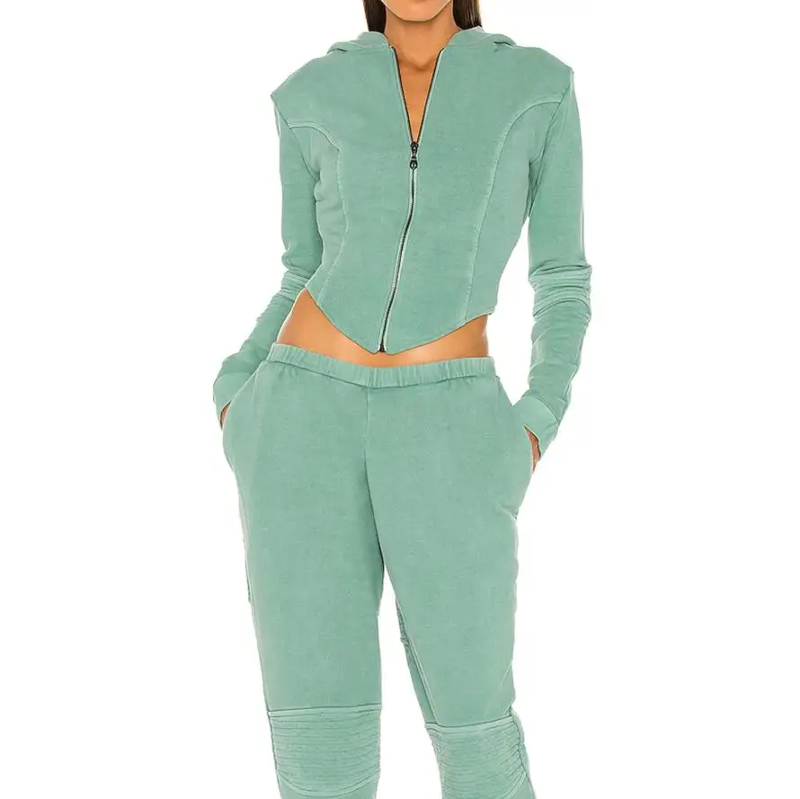 Drawstring Hood Long Sleeves Suitable Top Corset Front Green Color Open Zip Style Ladies' Hoodie