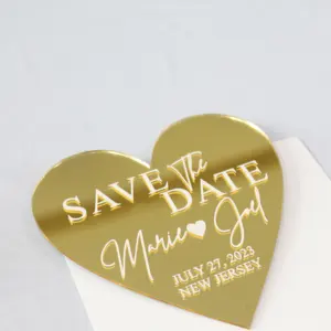 Creative Heart Shape Custom Gold Mirror Acrylic Save the Date Wedding Cards with Magnet