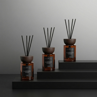 Bouteille diffuseur à roseaux en verre ambré de 150 ml avec couvercle en bois, flacon vide rond pour huiles essentielles d'aromathérapie pour parfum d'intérieur