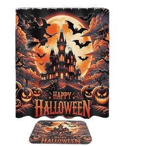 Cortina de Ducha de Poliéster con Diseño de Castillo de Halloween Naranja, Cortina de Baño con Impresión Digital, Impermeable, Impresión Personalizada, Venta al por Mayor, Moderna - Product Image 5