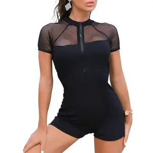 Women's Front Zipper Sexy Swimwear Surf Dive Swimwear Rave Outfit Short Sleeve Rash Guard One Piece Swimsuit Plus Size Monokini