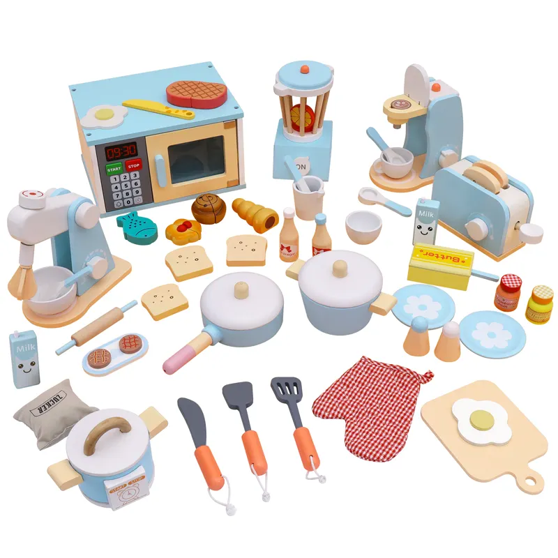 Pişirme seti oyuncaklar mutfak seti çocuk erkek kız rol oynamak fırın sıkacağı kahve makinesi Blender ekmek kızartma makinesi ahşap mutfak oyuncakları