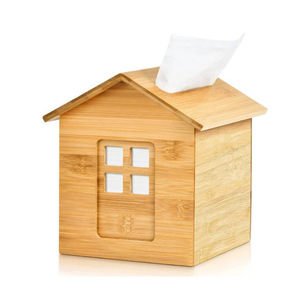 Boîte à mouchoirs en forme de maison en bambou, type rectangulaire sur pied, pour la maison, le bureau, boîte de rangement décorative - Product Image 1