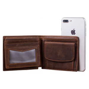 High Quality Vintage Crazy Horse Leather Men's <b>Wallet</b> Full Grain Slim Card <b>Holder</b> with RFID Zipper Short Length - Product Image 5