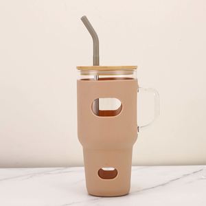 Gobelet de voyage en verre avec gaine en silicone antichoc XH GT8011 32oz, poignée ergonomique, paille en bambou hermétique, kit de pailles métalliques - Product Image 4