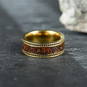 Gentdes Jewelry New Style Gold Titanium For Gift Dinosaur Bone And Meteorite Chip And CZ Stone On 2 Side Inlay Titanium Ring