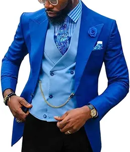 Kostum Pria Biru Abu-abu 3 Potong Setelan Formal Pas Badan Tuksedo Lapel Pernikahan Pengantin Pria Prom Terno Masculino (Blazer + Rompi + Celana)