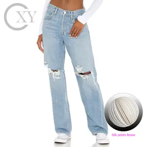 ביגוד מותאם אישית OEM מפעל נשים כותנה ג'ינס מכנסיים נמוכה עלייה דהוי בעדינות ומוטרדות רגליים רגועים