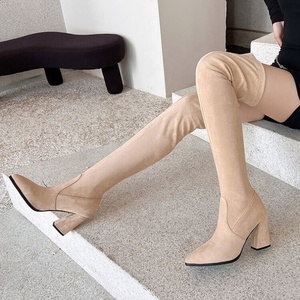 Red Over-The-Knee Boots Suede Pointed Toe <b>Block</b> Heel Zip Closure Thigh High Fashion Winter Style - Product Image 4