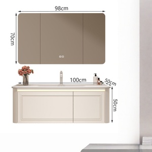 Cream-Toned French-Style Ceramic Vanity with Integrated Sink Lace-Edged <b>Mirror</b> Oak Finish—A Light Luxury Bathroom Cabinet - Product Image 3