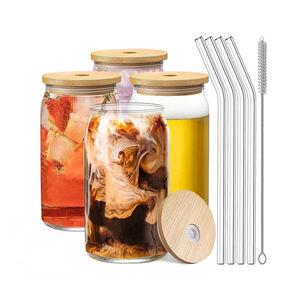 الولايات المتحدة الأمريكية 16 أونصة واضحة مزدوجة الجدران مج بوبا شاي بالتصاميم زجاج علبة بيرة بغطاء خيزران وماصة بلاستيكية مكدسة كوب زجاجي - Product Image 1