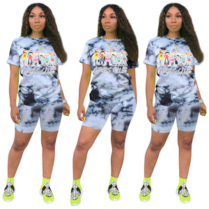 Casual Summer Women Cartoon printing Loose Short Sleeve O-neck T-shirt 2 Piece Biker Running Shorts Set - Product Image 3