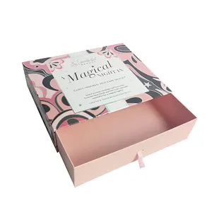 Hete Luxe Magnetische Geschenkdoos Verpakking Lint Handvat Opvouwbare Custom Logo Hard Stijf Karton Papier Zwart Roze Kleding Insert