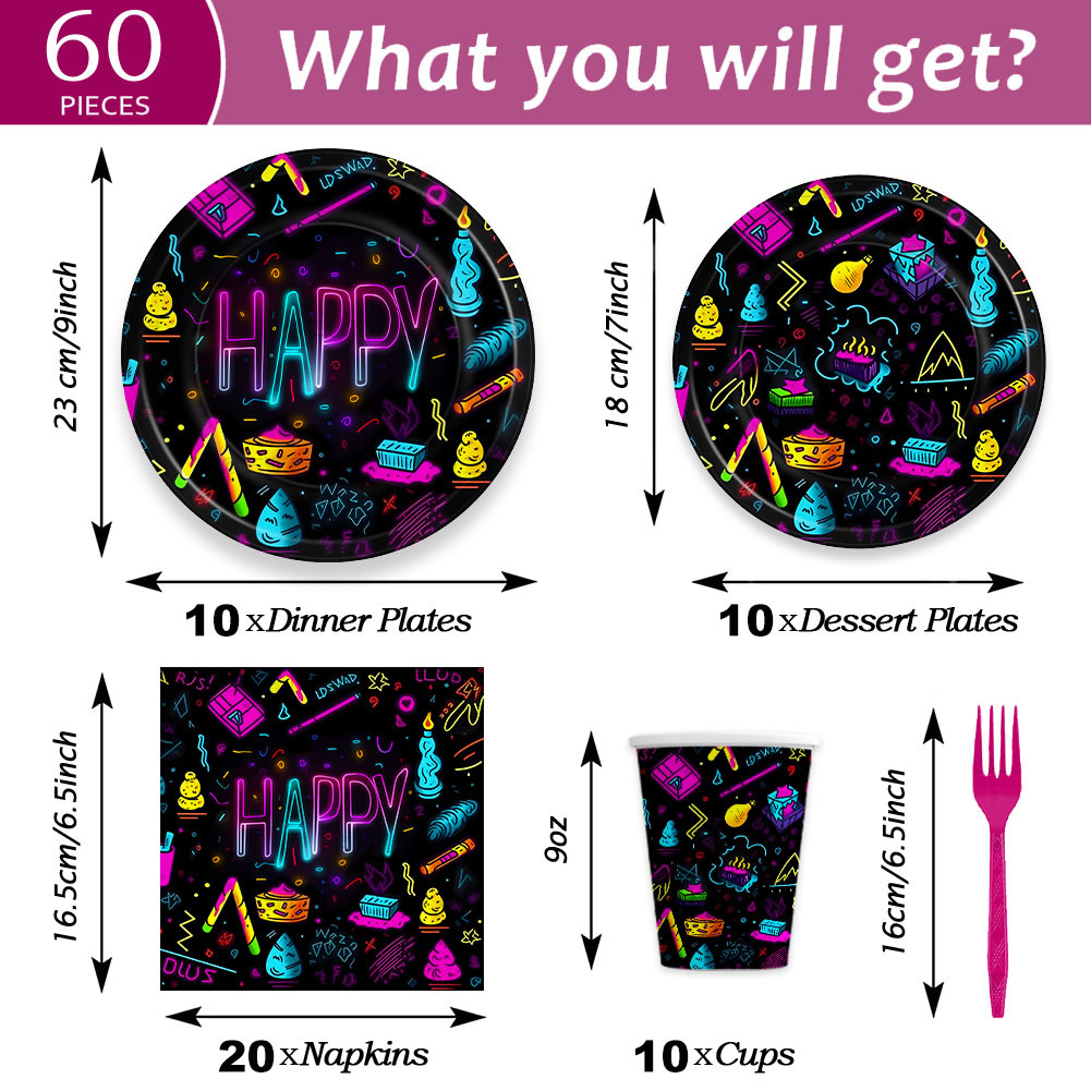 Neon comprend des gobelets en papier 60 pièces pour 10 personnes