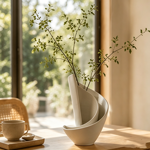 Vase en céramique abstrait blanc mat incurvé 3D, style Japandi, pour décoration de table à manger ou fenêtre en bois clair - Product Image 1