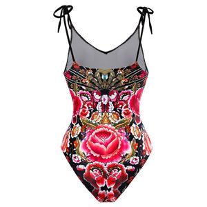 Traje de Baño Personalizado con Estampado Floral, Traje de Baño de Una Pieza con Cuello en V, Traje de Baño con Lazo en la Espalda, Monokini con Falda, Bikini de Tiras para Mujer - Product Image 4