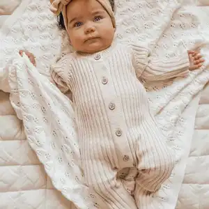 2024 Rabbit New Custom Toddler Newborn Spring Striped Plain Long Sleeve Button Organic Cotton Baby Knit Romper Jumpsuit