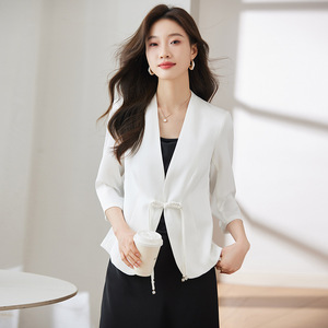 Women's Blazer Three Quarter Sleeve Solid Color Polyester Breathable Spring Summer 2024 New Chinese Style Top White Black - Product Image 1