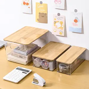 DS2436 뚜껑이있는 투명 보관함 식료품 저장실 주최자 피크닉 용기 화장품 메이크업 상자 대나무 뚜껑이있는 플라스틱 보관 용기