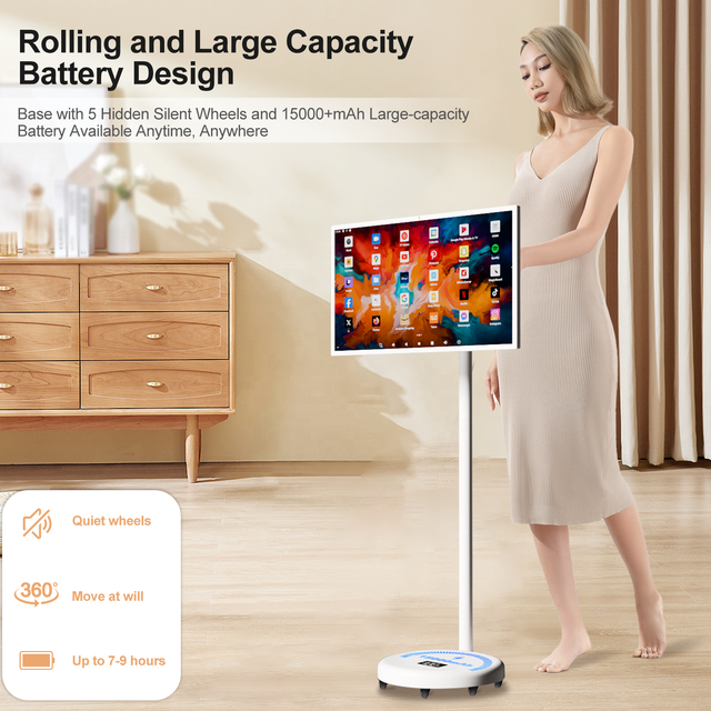 Portable Touch Screen Monitor With Wheels 21.5/24/32 Inch Smart TV Android 13 Rechargeable LCD Display for Elevator Use Rotatabl